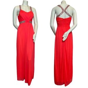 City Triangles Prom Dress Bright Coral Grecian Formal Gown Beaded Cross Sequins